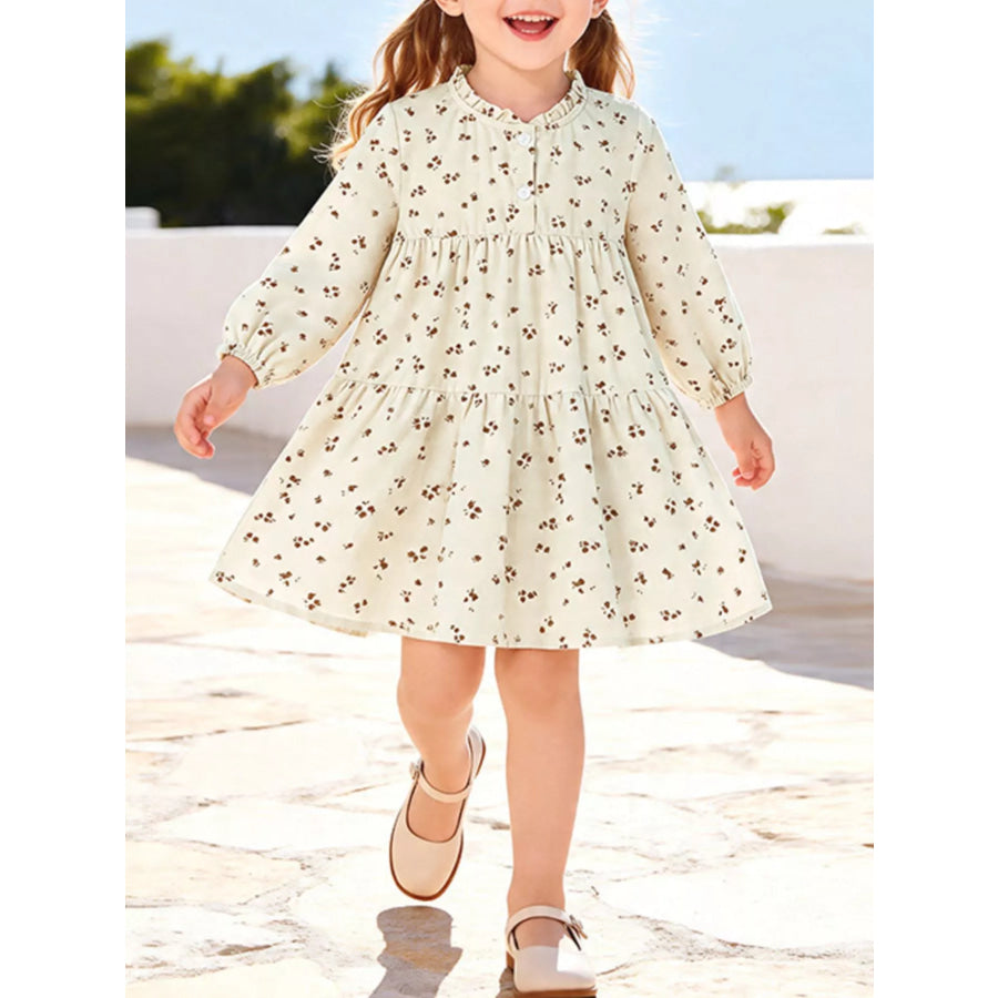 Children’s Floral Print Tiered Long Sleeve Dress Cream / 2Y Apparel and Accessories