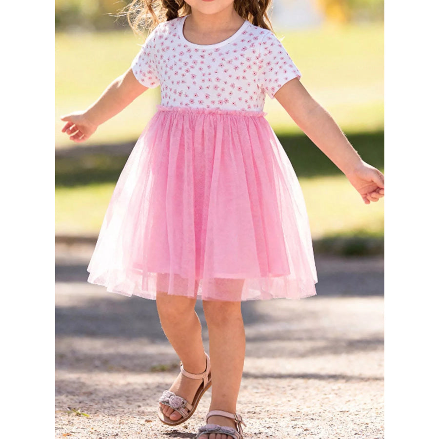 Children’s Floral Print Tulle Dress Pink / 2Y Apparel and Accessories