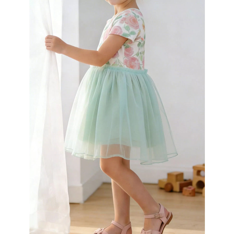Children’s Floral Print Tulle Dress Sage / 3Y Apparel and Accessories