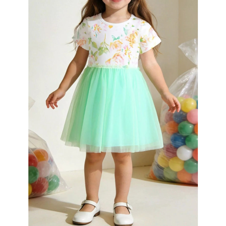 Children’s Floral Print Tulle Dress White / 2Y Apparel and Accessories