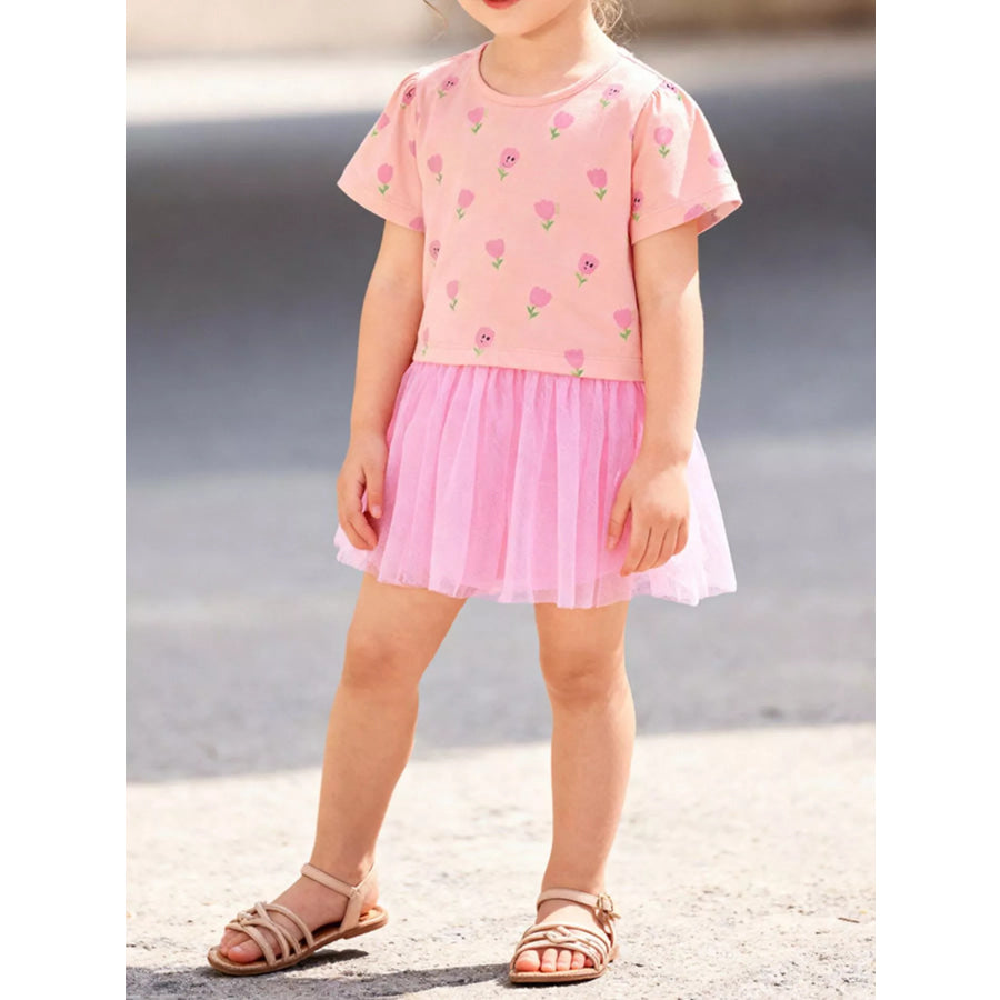 Children’s Floral Print Tulle Layered Dress Watermelon pink / 2Y Apparel and Accessories