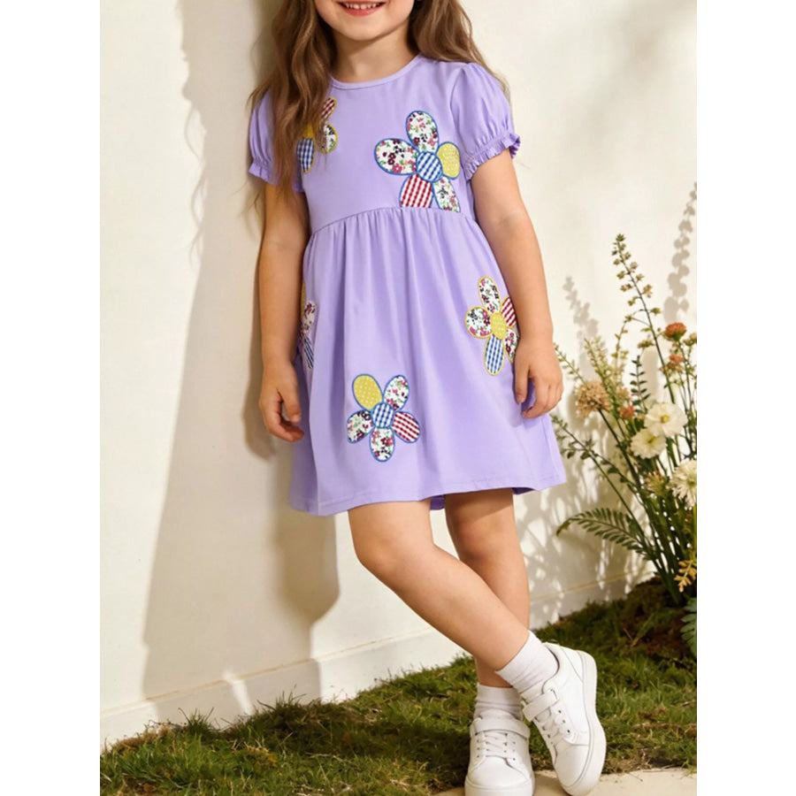 Children’s Floral Puff Sleeve Casual Dress Lavender / 2Y Apparel and Accessories