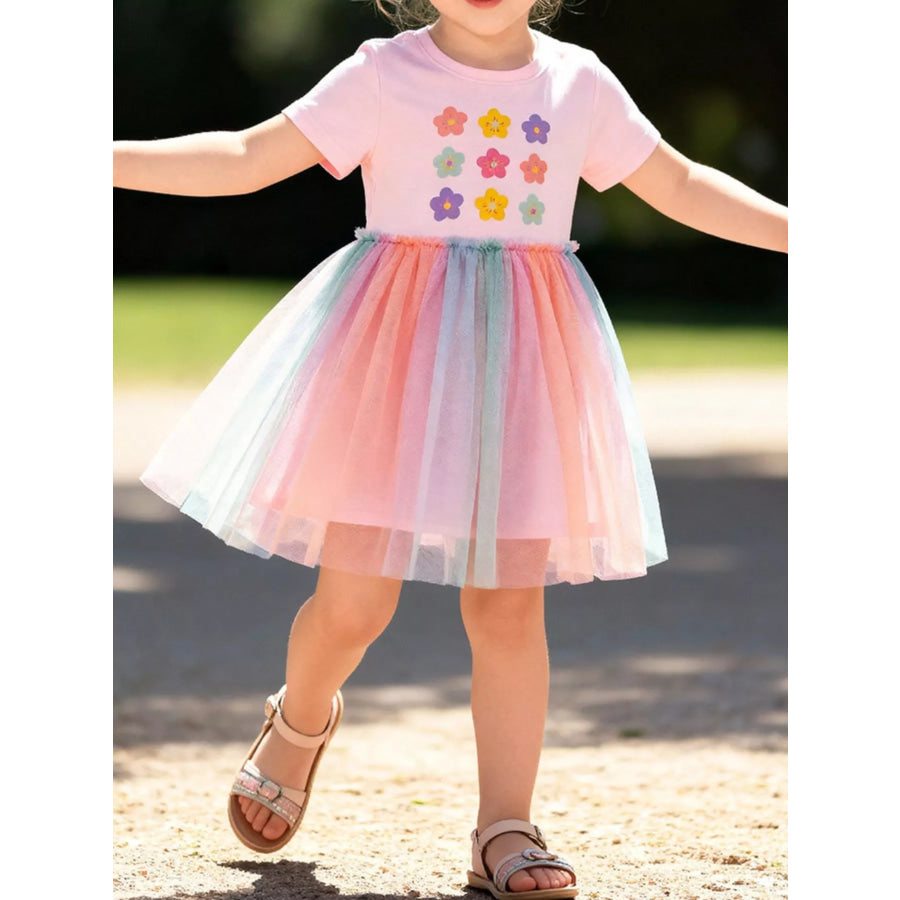 Children’s Floral Rainbow Tulle Dress Dusty Pink / 2Y Apparel and Accessories