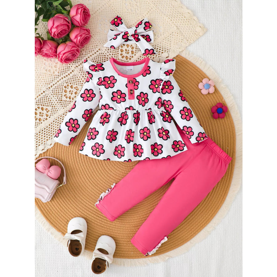 Children’s Floral Ruffle Peplum Top and Leggings Set with Headband Rose Red / 9-12M Apparel Accessories