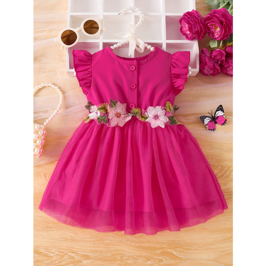 Children’s Floral Ruffle Sleeve Dress Deep Rose / 6-9M Apparel and Accessories