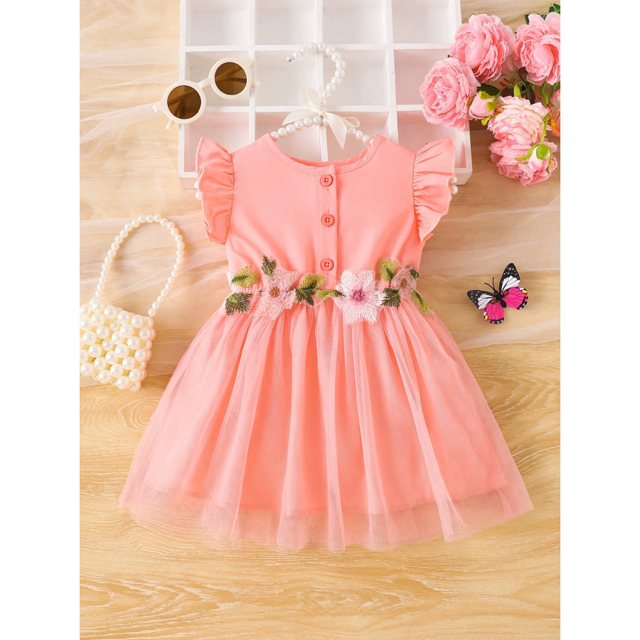 Children’s Floral Ruffle Sleeve Dress Watermelon pink / 6-9M Apparel and Accessories
