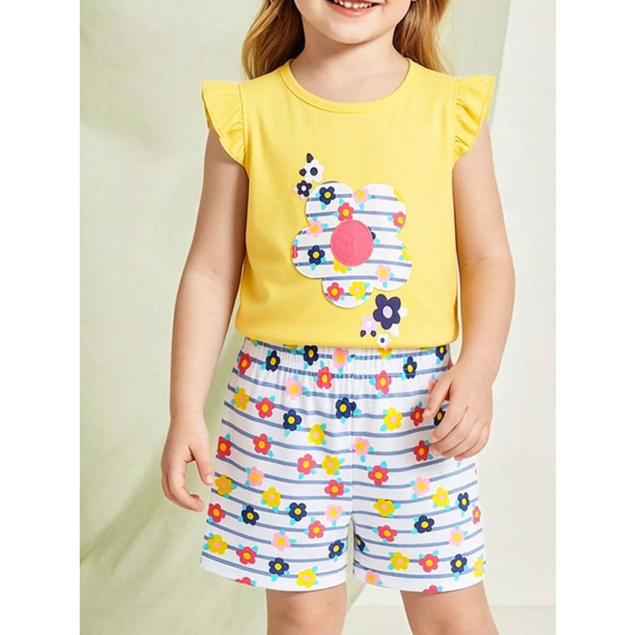 Children’s Floral Ruffle Sleeve Top and Striped Shorts Set Yellow / 5Y Apparel and Accessories