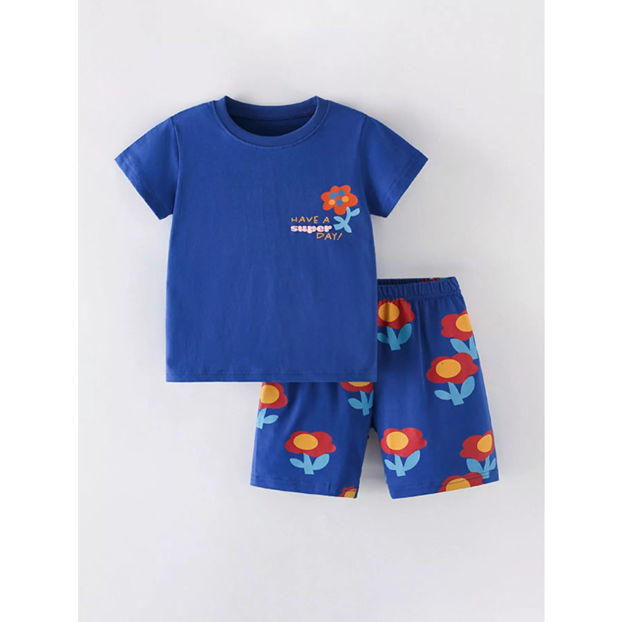 Children’s Floral Short Sleeve Tee and Shorts Set Dark Blue / 3Y Apparel and Accessories