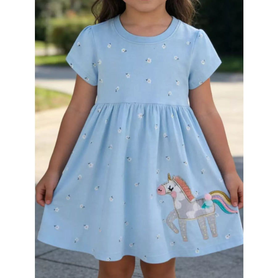 Children’s Floral Unicorn Round Neck Dress Light Blue / 2T Apparel and Accessories