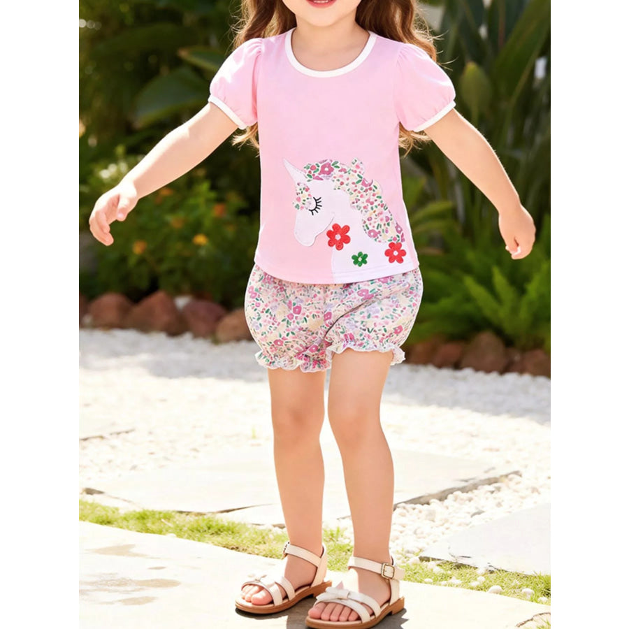Children’s Floral Unicorn Top and Shorts Set Blush Pink / 2Y Apparel and Accessories