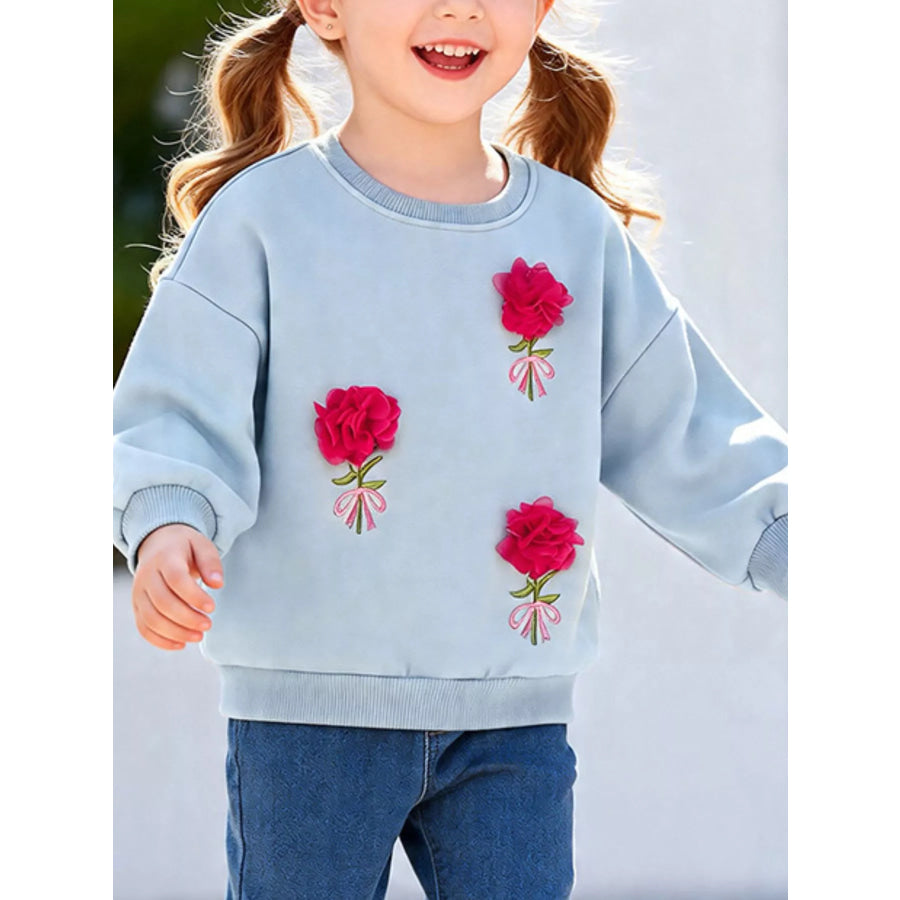 Children’s Flower Applique Round Neck Sweatshirt Light Blue / 2Y Apparel and Accessories