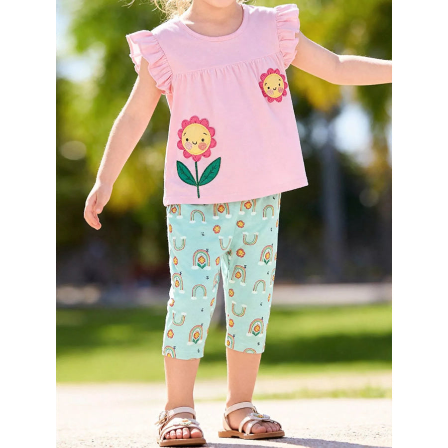 Children’s Flower Appliqué Top & Rainbow Print Capri Set Blush Pink / 2Y Apparel and Accessories