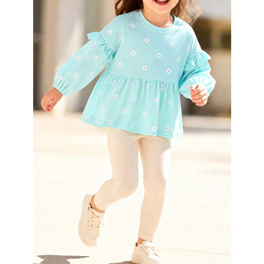 Children’s Flower Balloon Sleeve Peplum Top and Pants Set Pastel Blue / 2Y Apparel and Accessories