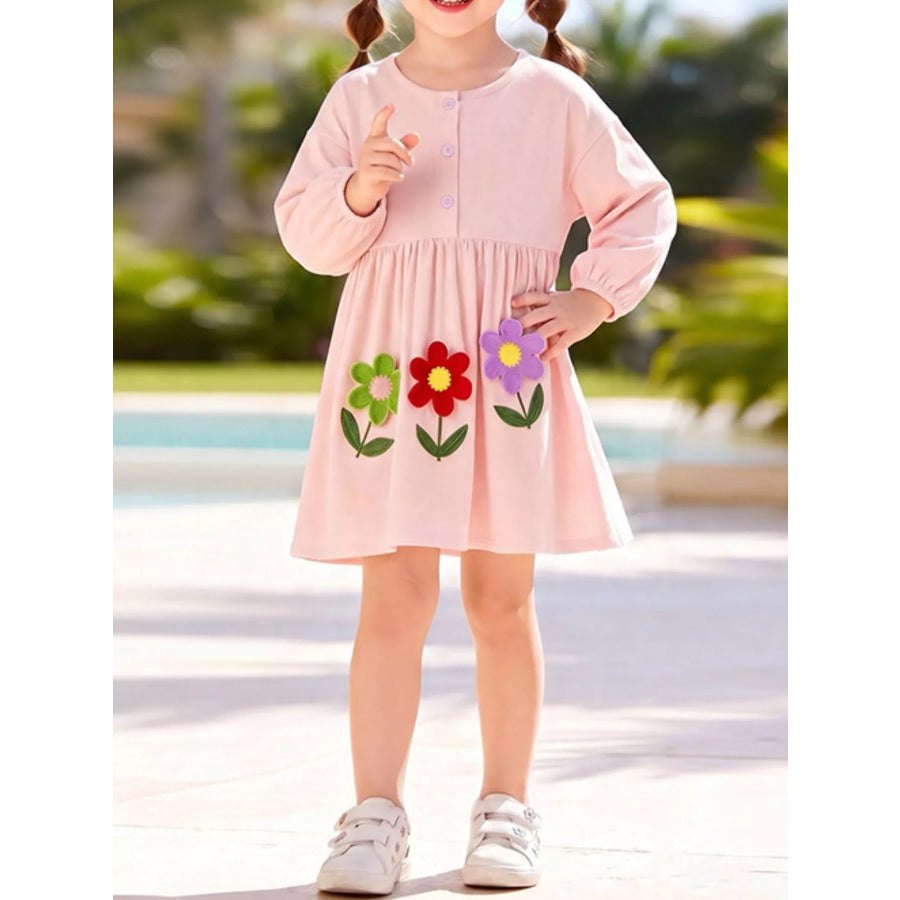 Children’s Flower Button Detail Long Sleeve Dress Blush Pink / 2Y Apparel and Accessories