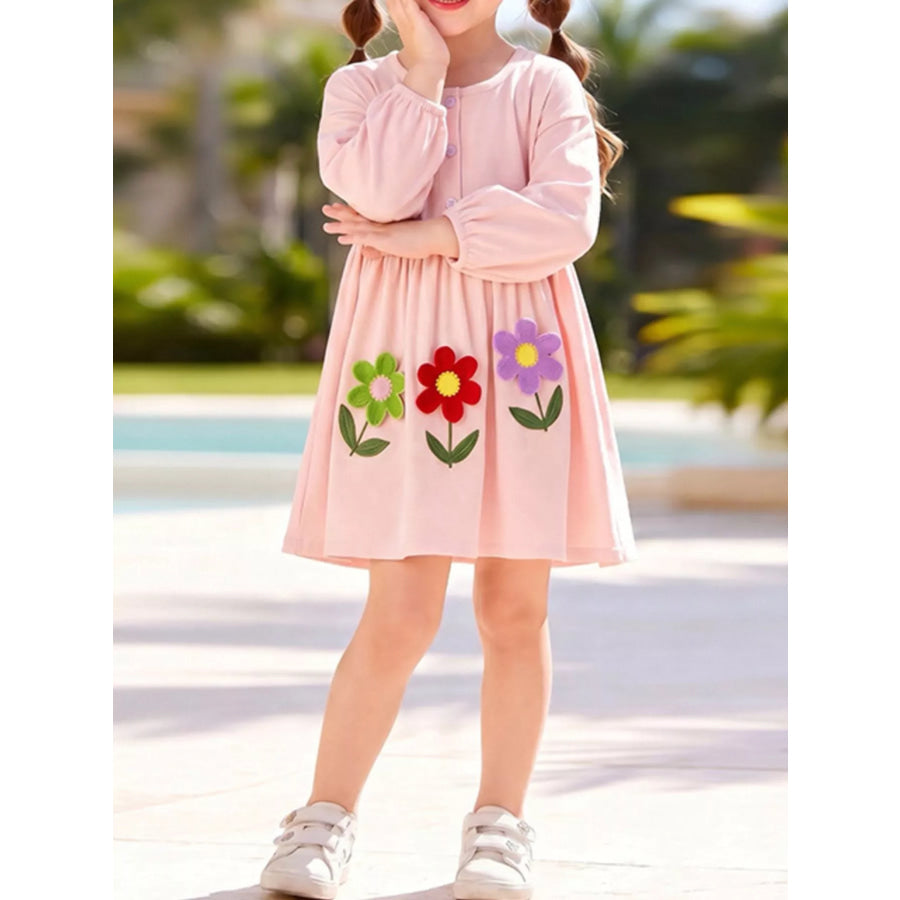Children’s Flower Button Detail Long Sleeve Dress Blush Pink / 2Y Apparel and Accessories