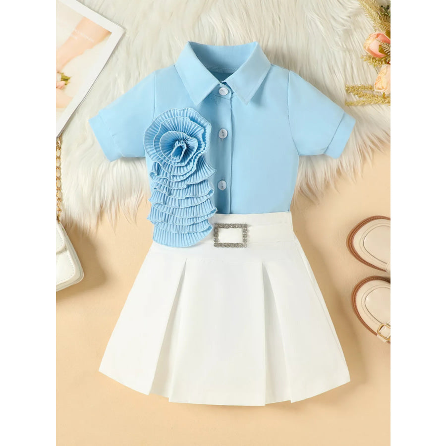 Children’s Flower Decor Shirt & Pleated Skirt Set Blue / 2-3 Apparel and Accessories
