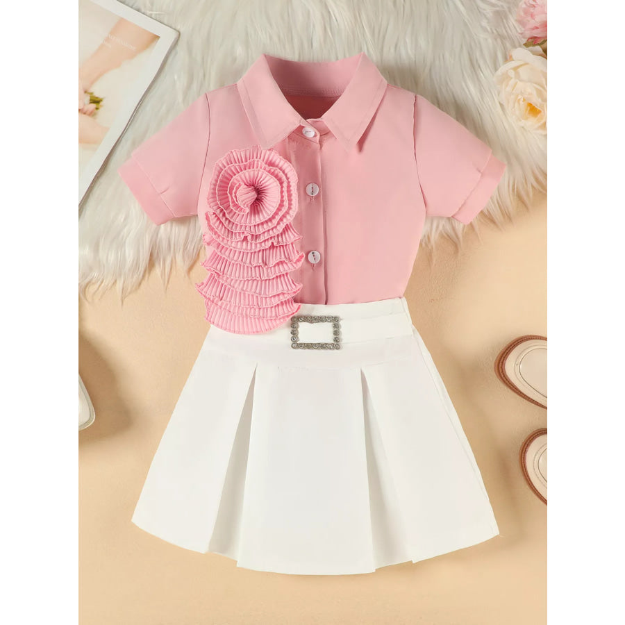 Children’s Flower Decor Shirt & Pleated Skirt Set Pink / 2-3 Apparel and Accessories
