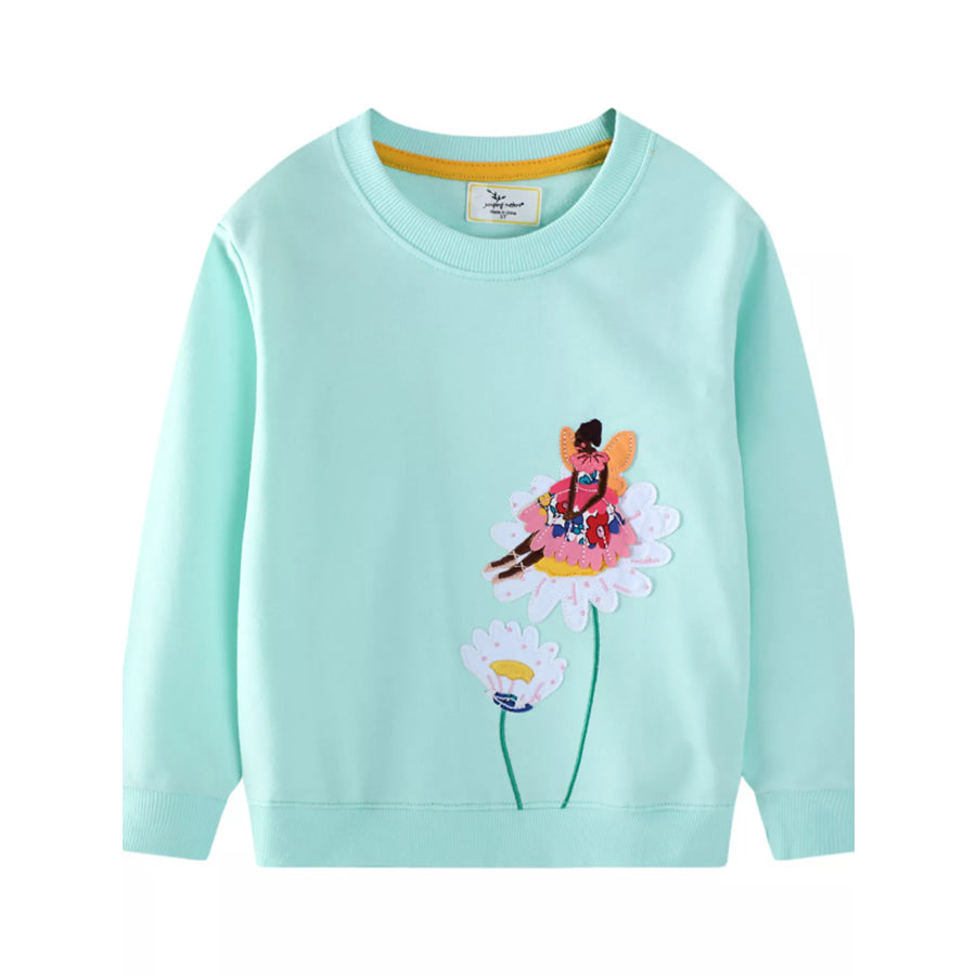 Children’s Flower Embroidered Crew Neck Sweatshirt Aqua / 2T Apparel and Accessories