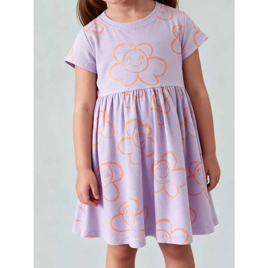 Children’s Flower Print Casual Dress Pink Purple / 5Y Apparel and Accessories