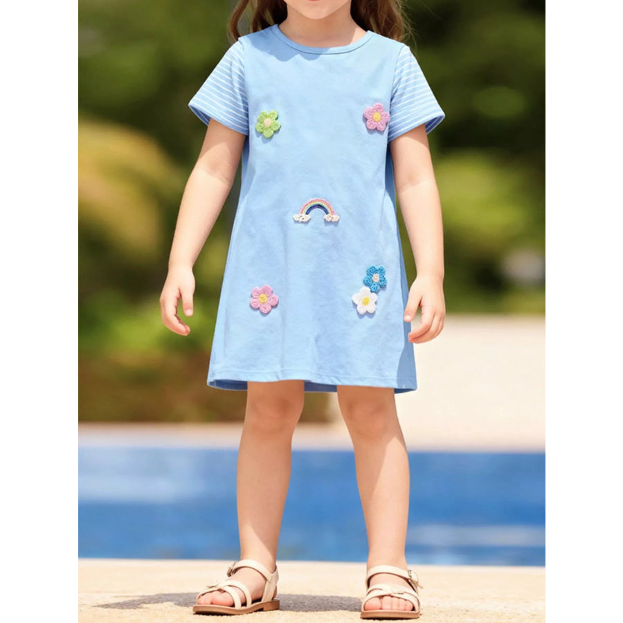 Children’s Flower Round Neck Dress Pastel Blue / 2Y Apparel and Accessories