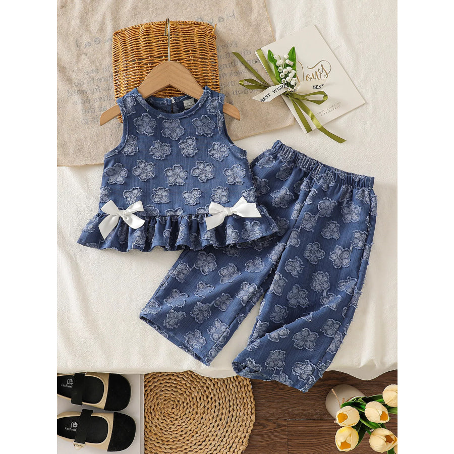 Children’s Flower Round Neck Tank and Pants Set Blue / 3-6M Apparel and Accessories