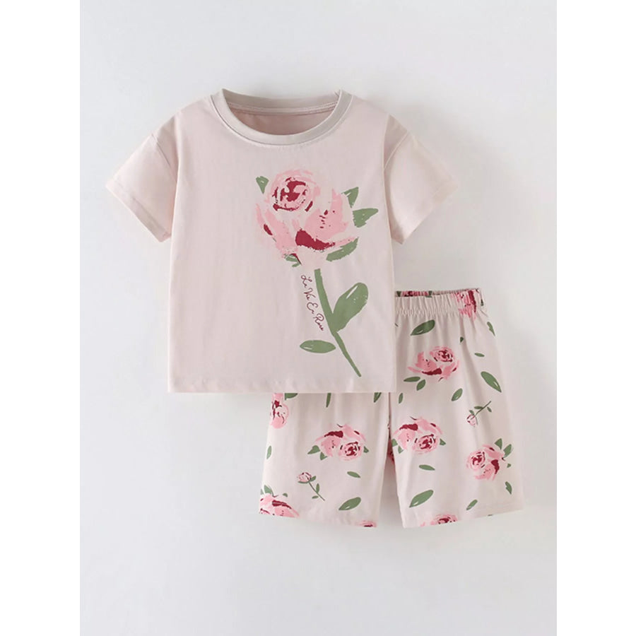 Children’s Flower Round Neck Tee and Shorts Set Dust Storm / 3Y Apparel and Accessories