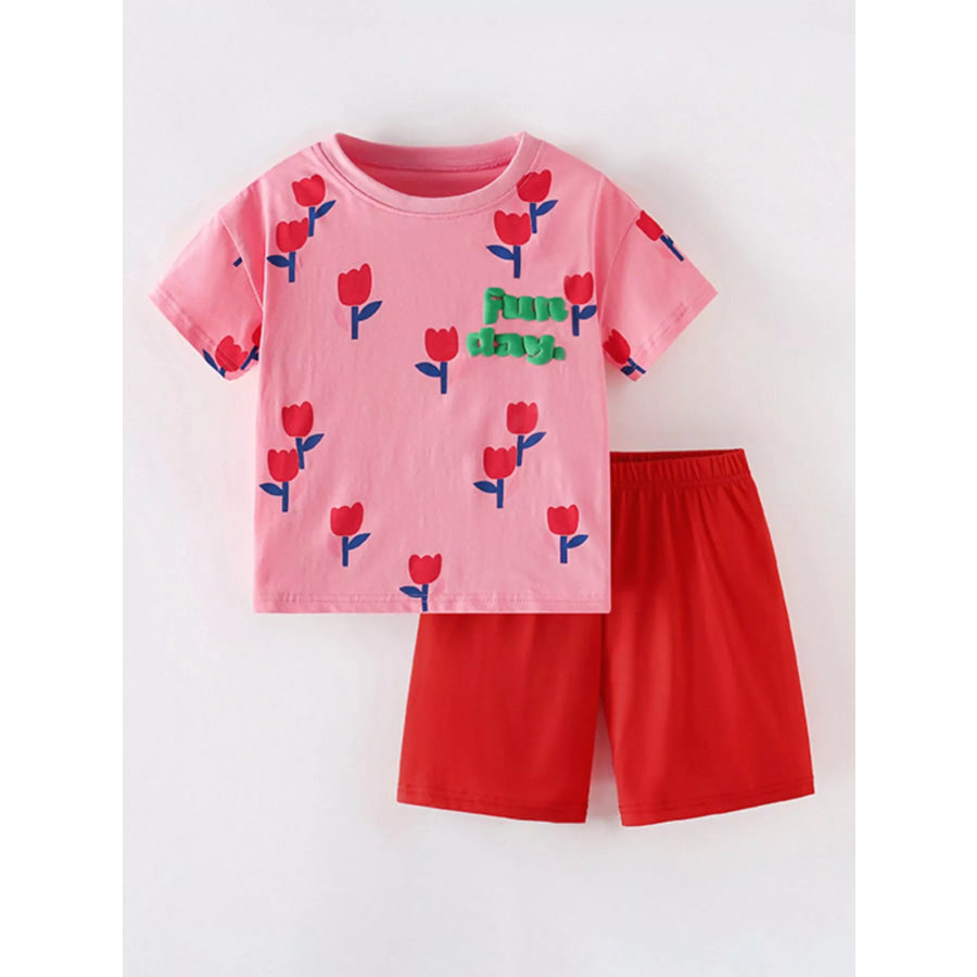 Children’s Flower Round Neck Tee and Shorts Set Hot Pink / 4Y Apparel and Accessories
