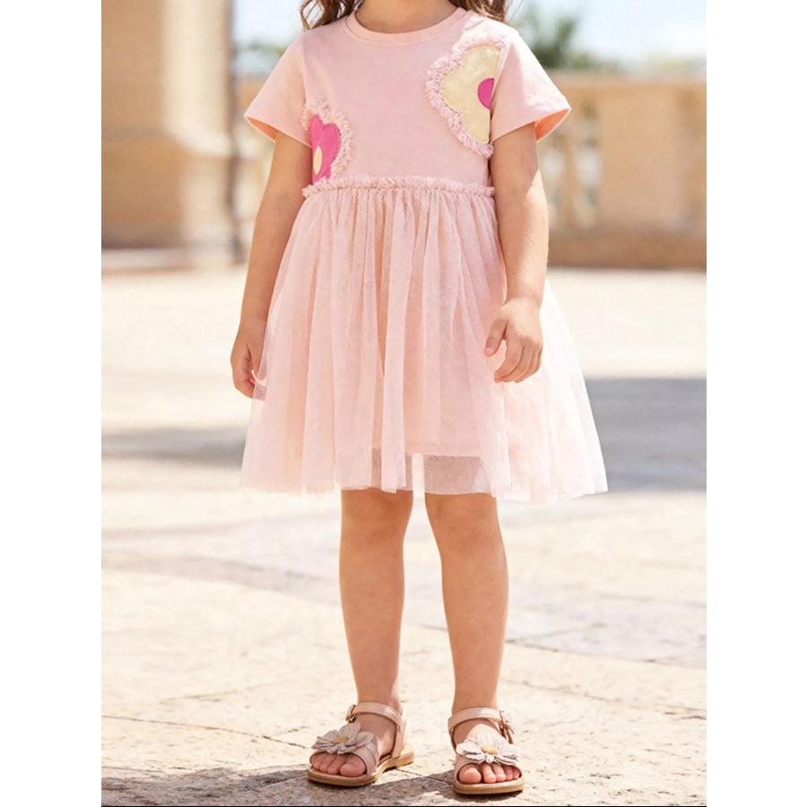 Children’s Flower Round Neck Tulle Dress Watermelon pink / 2Y Apparel and Accessories