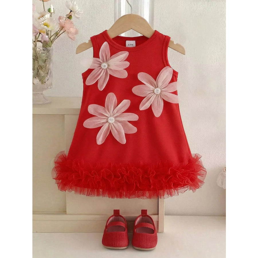 Children’s Flower Sleeveless Round Neck Dress Red / 6-9M Apparel and Accessories
