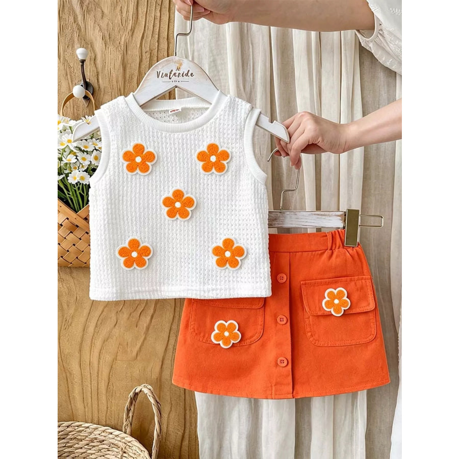 Children’s Flower Sleeveless Top and Skirt Set Orange-red / 4Y Apparel and Accessories