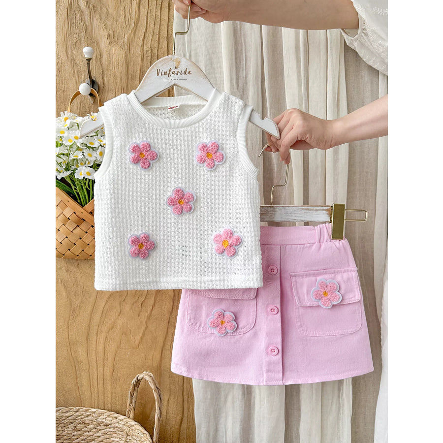 Children’s Flower Sleeveless Top and Skirt Set White / 4Y Apparel and Accessories