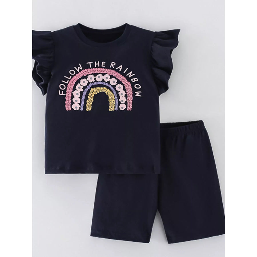 Children’s Follow The Rainbow Ruffle Sleeve T-Shirt and Shorts Set Black / 3Y Apparel and Accessories