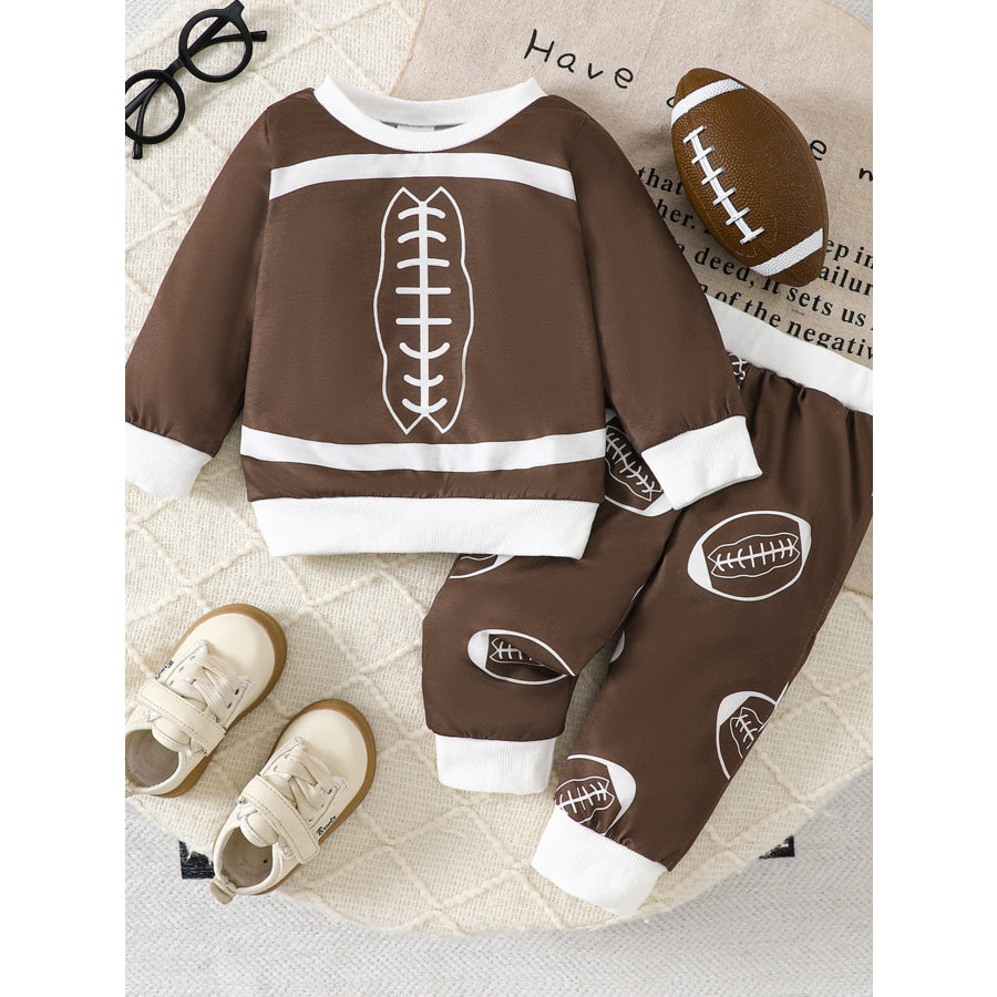 Children’s Football Print Round Neck Top & Pants Set Dark Brown / 0-6M Apparel and Accessories