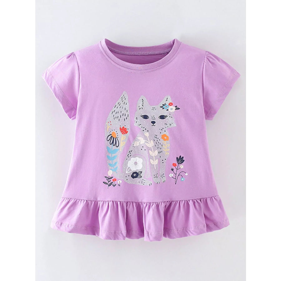 Children’s Fox Graphic Ruffle Hem T-Shirt Heliotrope Purple / 2Y Apparel and Accessories