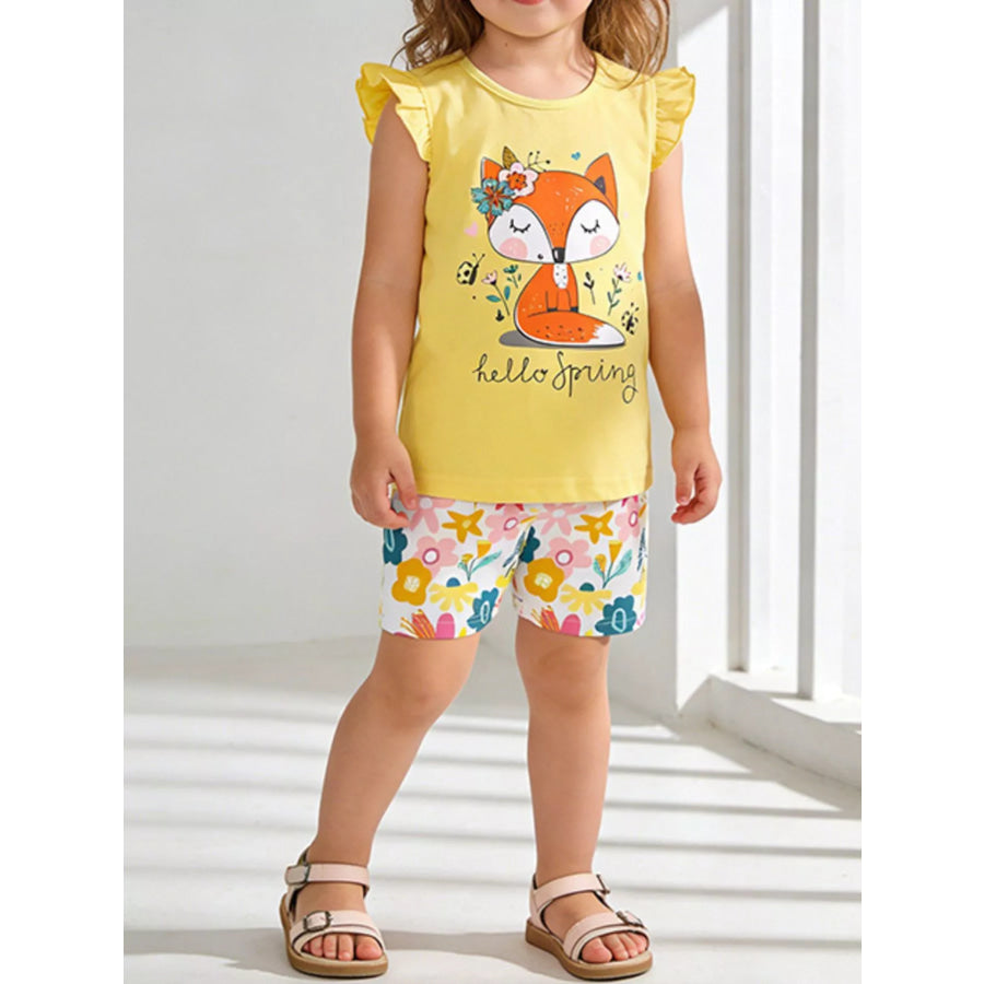 Children’s Fox Graphic Ruffled Top and Shorts Set Yellow / 2T Apparel and Accessories