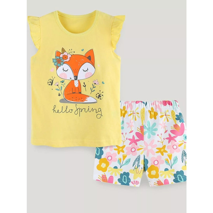 Children’s Fox Tank and Floral Shorts Set Yellow / 2Y Apparel and Accessories