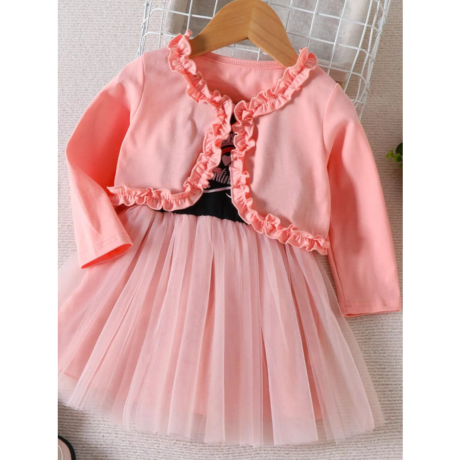 Children’s Frill Cardigan and Rainbow Print Tulle Dress Set Pink / 2T Apparel and Accessories