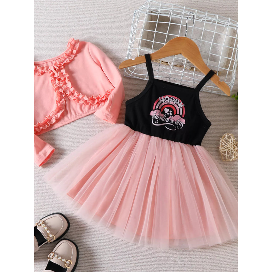 Children’s Frill Cardigan and Rainbow Print Tulle Dress Set Pink / 2T Apparel and Accessories