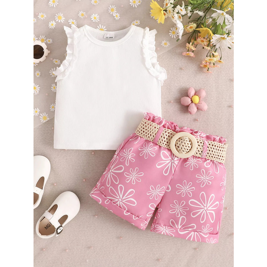 Children’s Frill Sleeveless Top and Belt Shorts Set Pink / 6-12M Apparel and Accessories