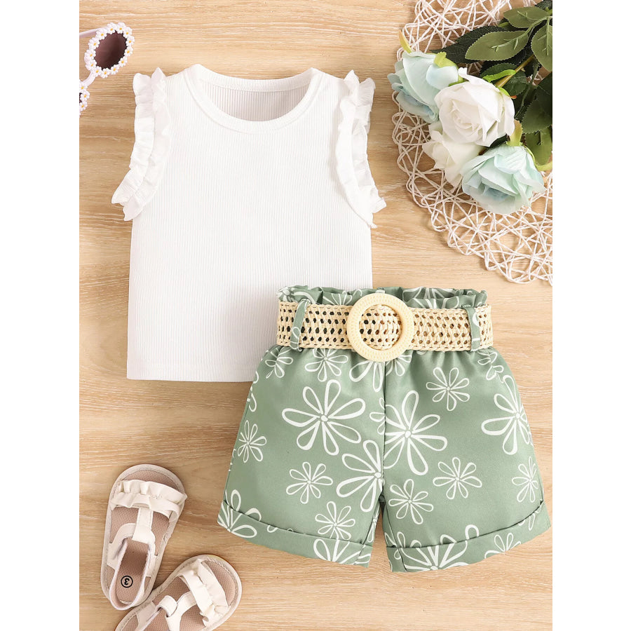 Children’s Frill Sleeveless Top and Belt Shorts Set White / 6-12M Apparel and Accessories