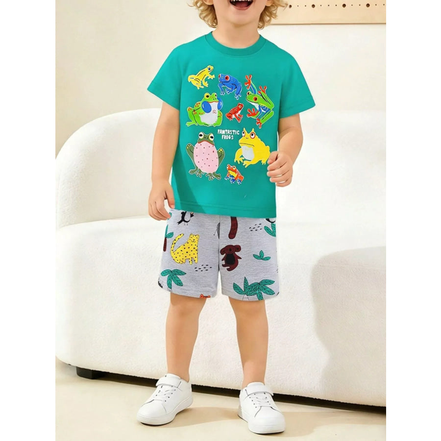 Children’s Frog Print Short Sleeve Tee and Shorts Set Turquoise / 2Y Apparel and Accessories