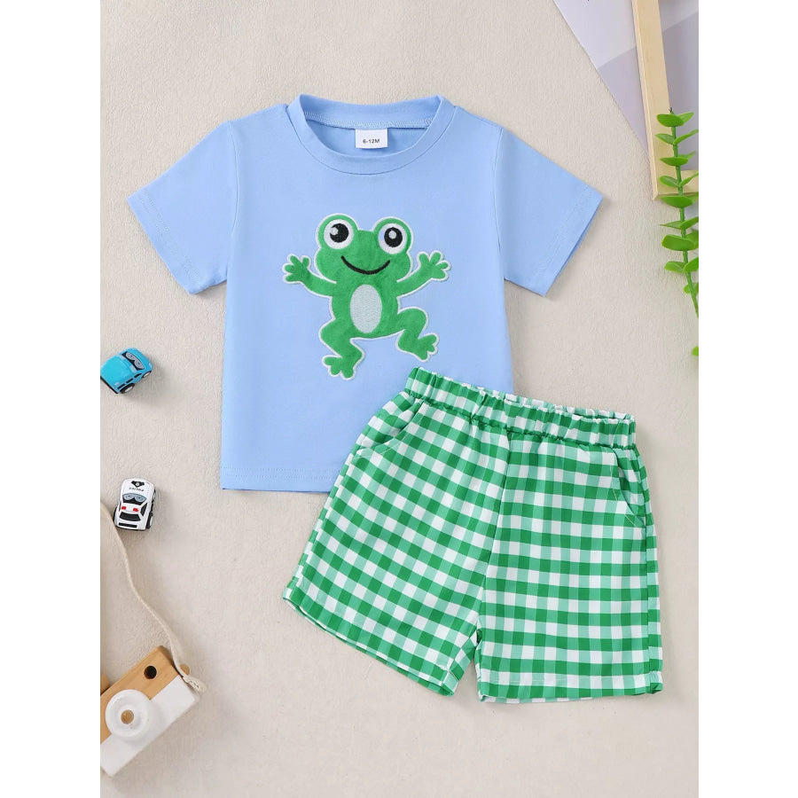 Children’s Frog T-shirt and Plaid Shorts Set Blue / 6-12M Apparel and Accessories