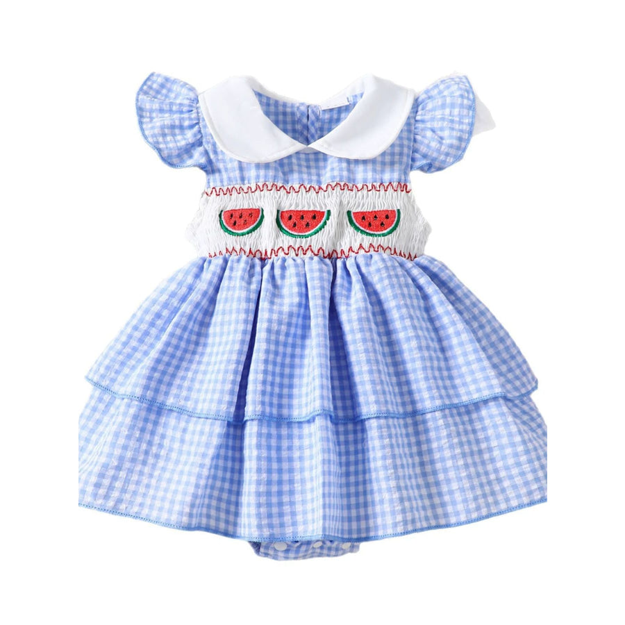 Children’s Fruit Embroidered Gingham Smocked Dress Pastel Blue / 0-3M Apparel and Accessories
