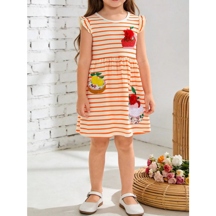 Children’s Fruit Embroidered Ruffled Striped Dress Orange / 2Y Apparel and Accessories