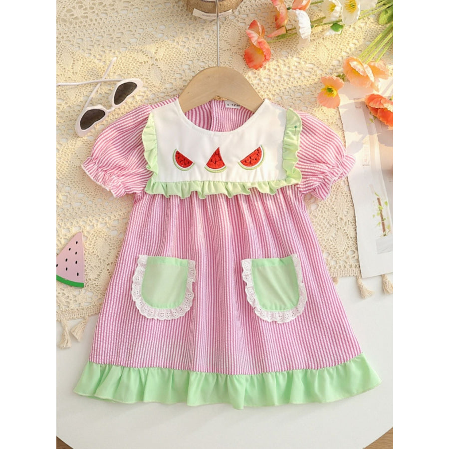 Children’s Fruit Embroidered Striped Short Sleeve Dress Blush Pink / 6-12M Apparel and Accessories