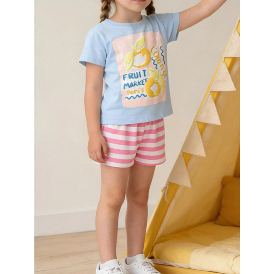 Children’s Fruit Market Graphic Tee and Striped Shorts Set Pastel Blue / 3T Apparel and Accessories