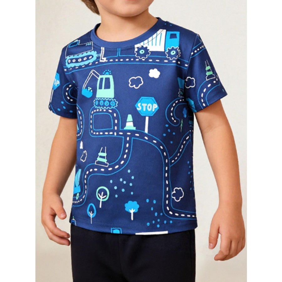 Children’s Fun Road Construction Print Short Sleeve Tee Dark Blue / 2-3Y Apparel and Accessories
