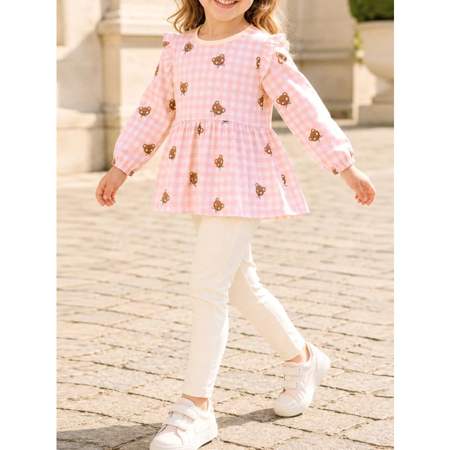 Children’s Gingham Bear Print Peplum Top and Leggings Set Blush Pink / 2Y Apparel Accessories
