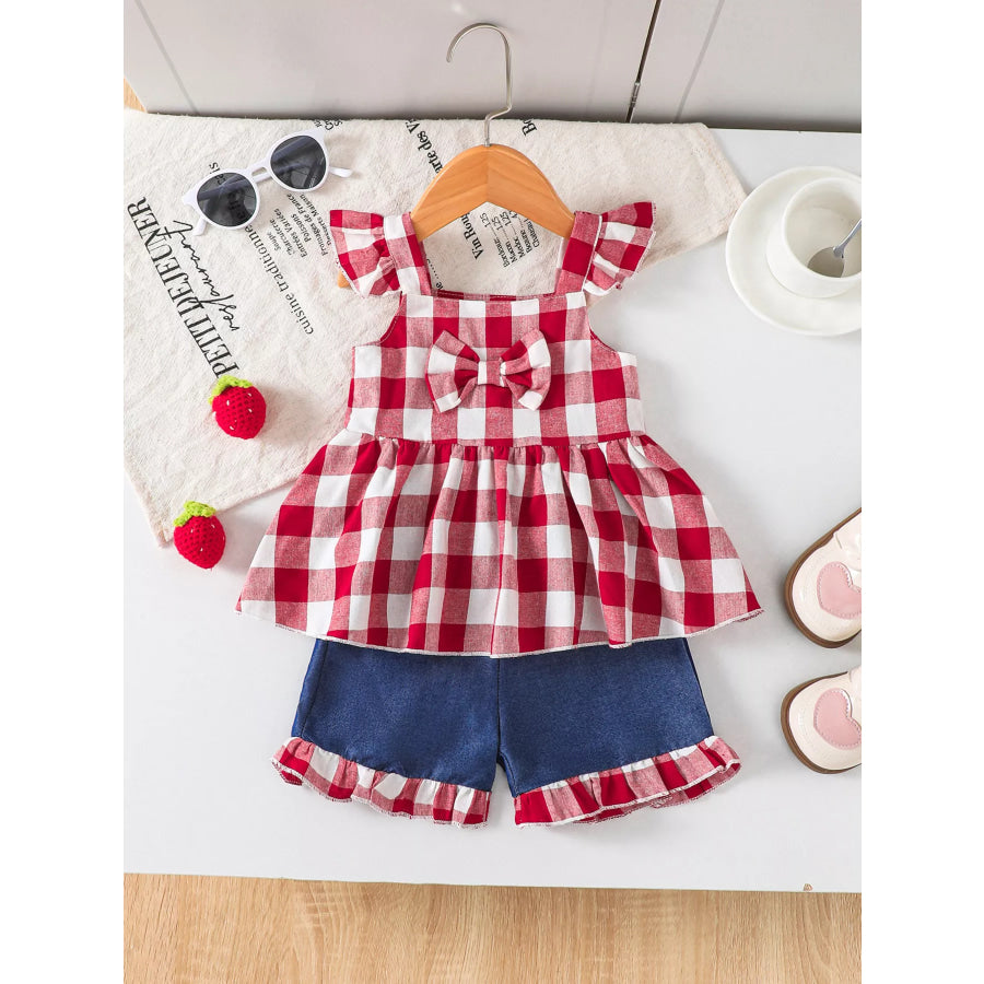 Children’s Gingham Bowknot Ruffle Trim Top and Shorts Set Apparel and Accessories