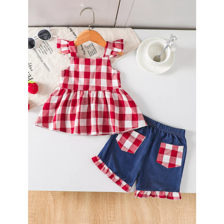 Children’s Gingham Bowknot Ruffle Trim Top and Shorts Set Apparel and Accessories